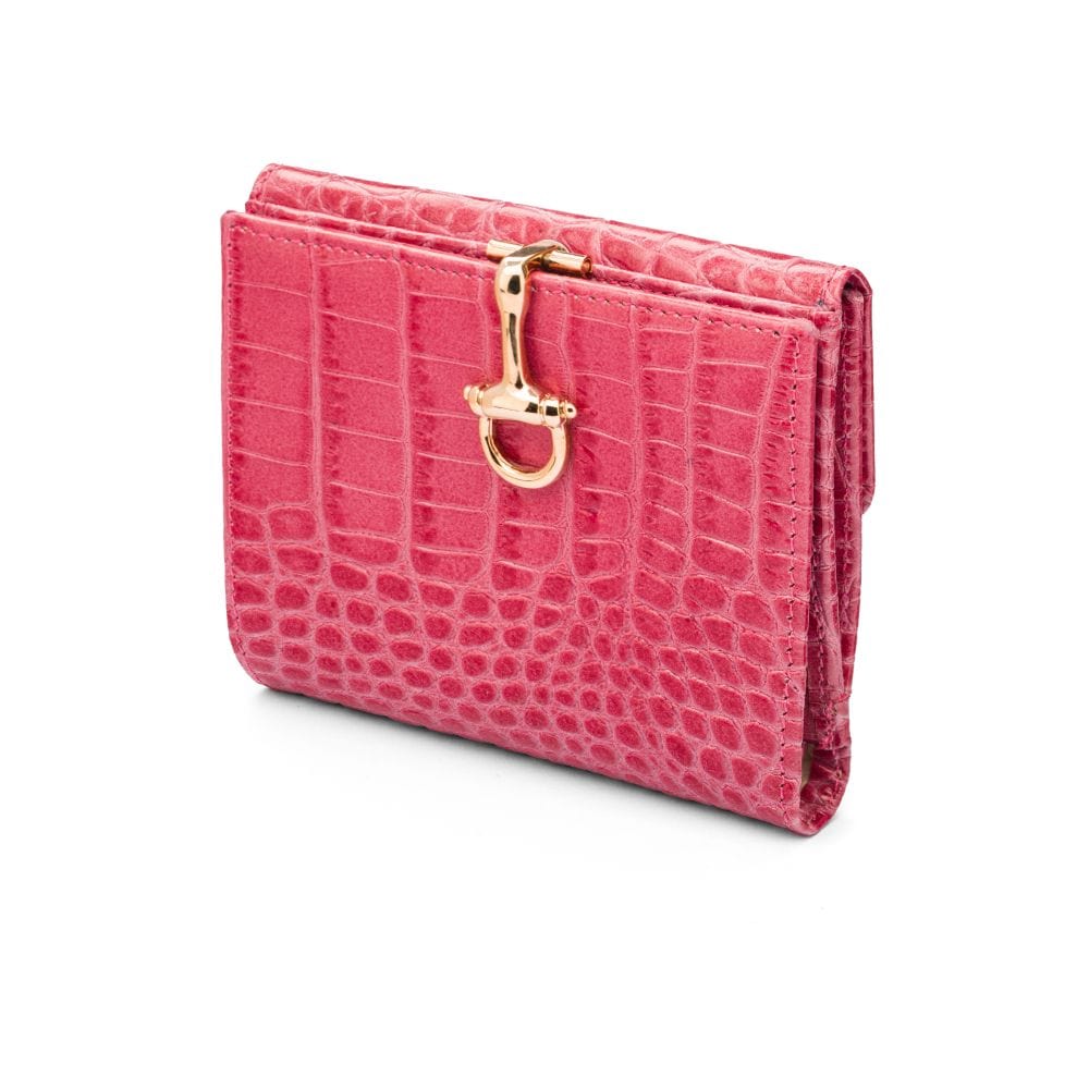 Leather purse with equestrain clasp, cersie pink croc, front