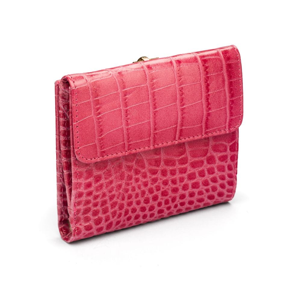 Leather purse with equestrain clasp, cersie pink croc, back