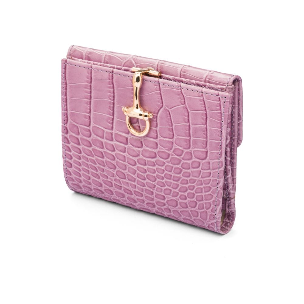 Leather purse with equestrain clasp, lilac croc, front