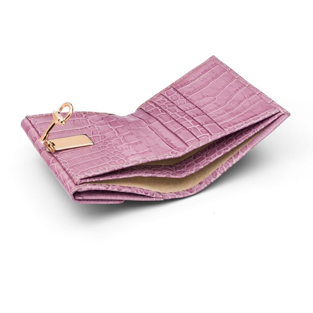 Leather purse with equestrain clasp, lilac croc, inside