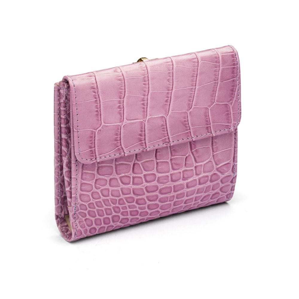 Leather purse with equestrain clasp, lilac croc, back