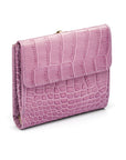 Leather purse with equestrain clasp, lilac croc, back