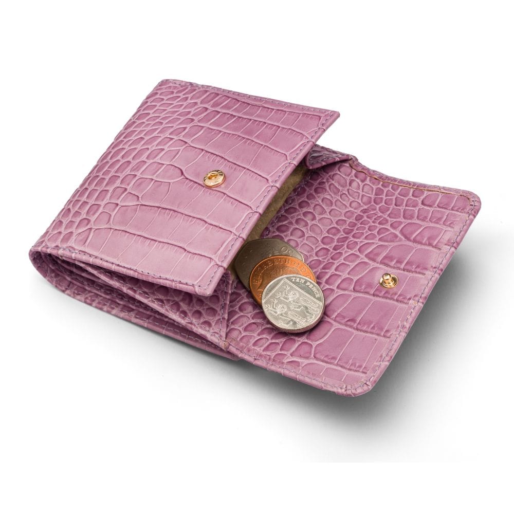 Leather purse with equestrain clasp, lilac croc, coin purse