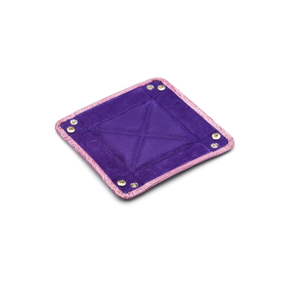 Small leather valet tray, lilac croc, flat
