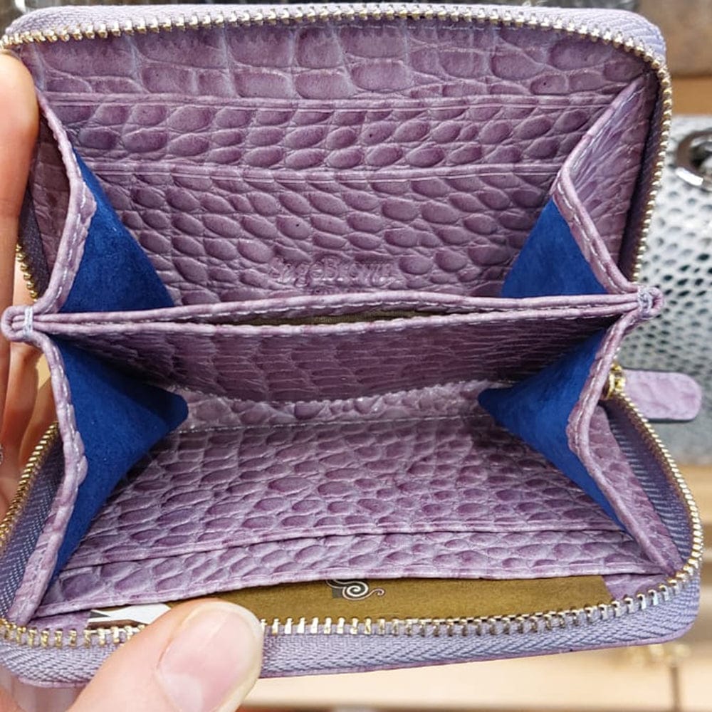Small leather zip around accordion coin purse, lilac croc, interior