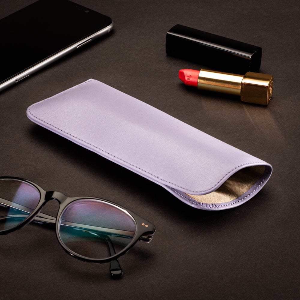Large leather glasses case, soft lilac, lifestyle