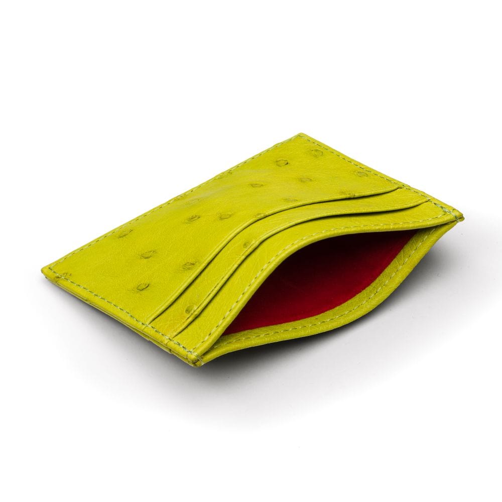 Flat ostrich leather credit card case, lime ostrich leather, front