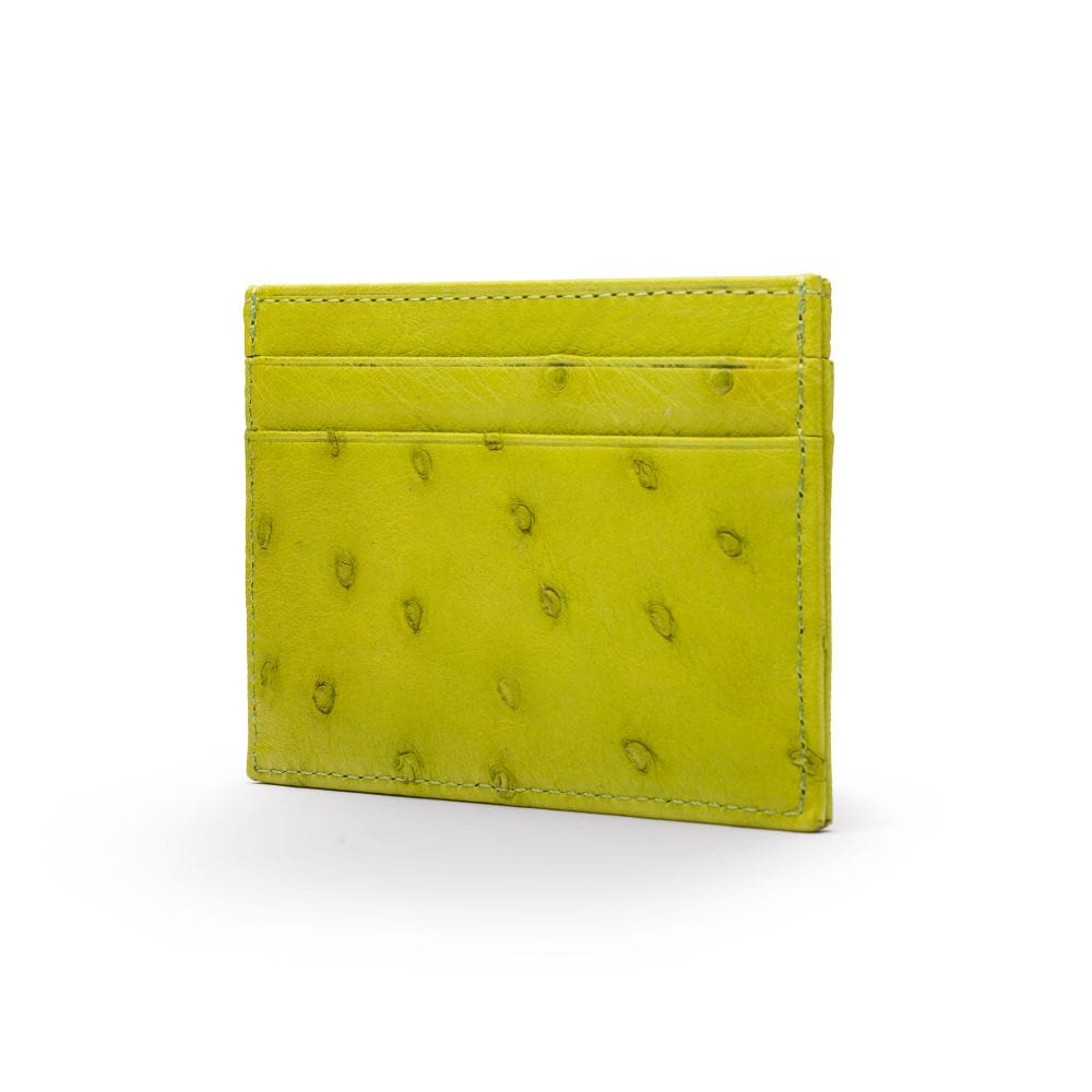 Flat ostrich leather credit card case, lime ostrich leather, side