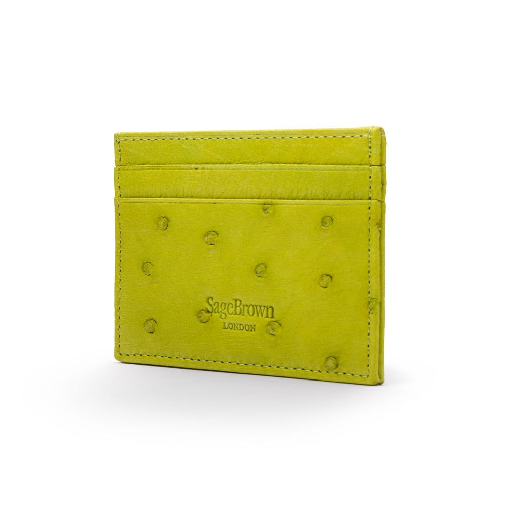 Flat ostrich leather credit card case, lime ostrich leather, back