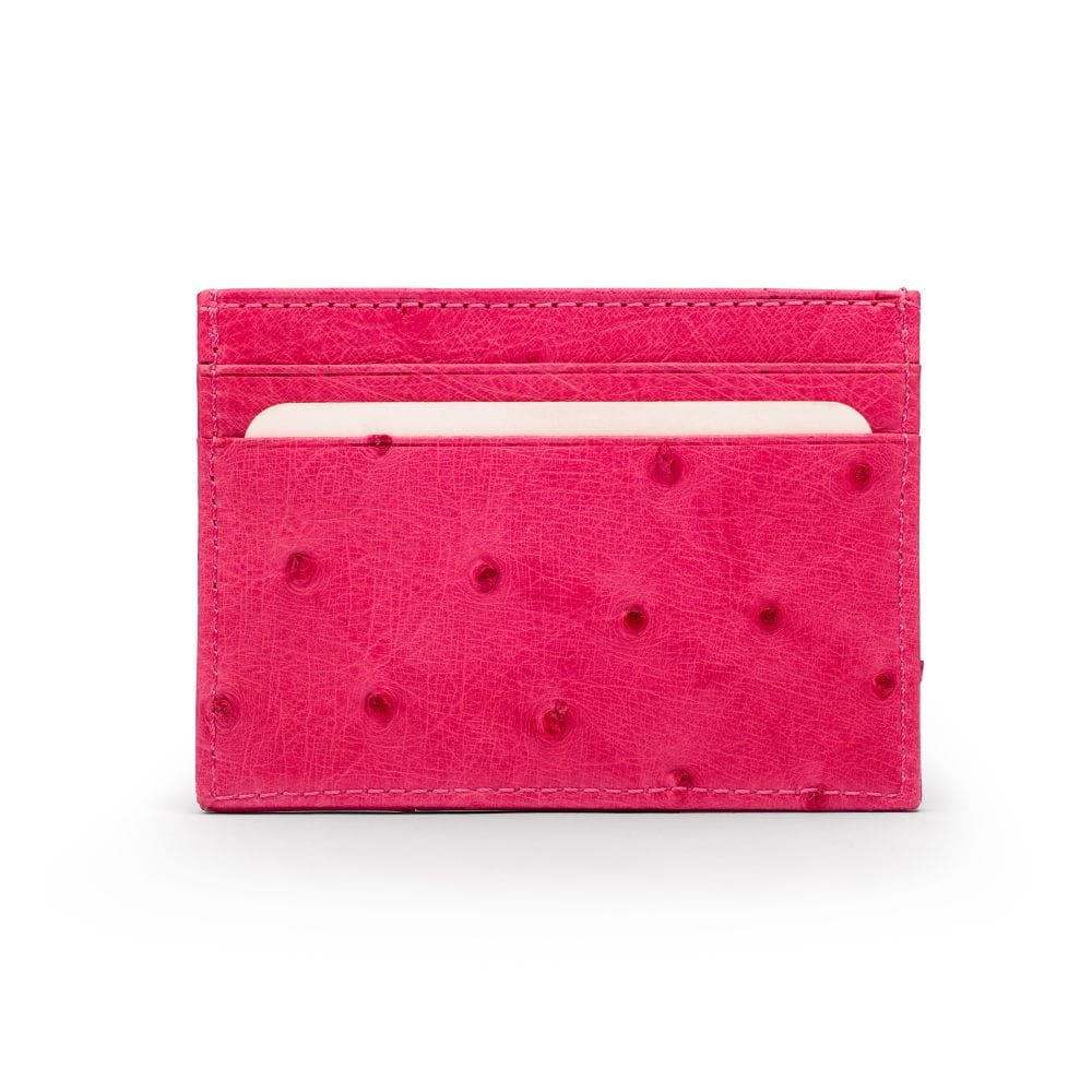 Flat ostrich leather credit card case, pink ostrich leather, front