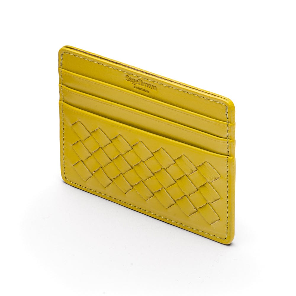 Flat woven leather card holder, lime green, back