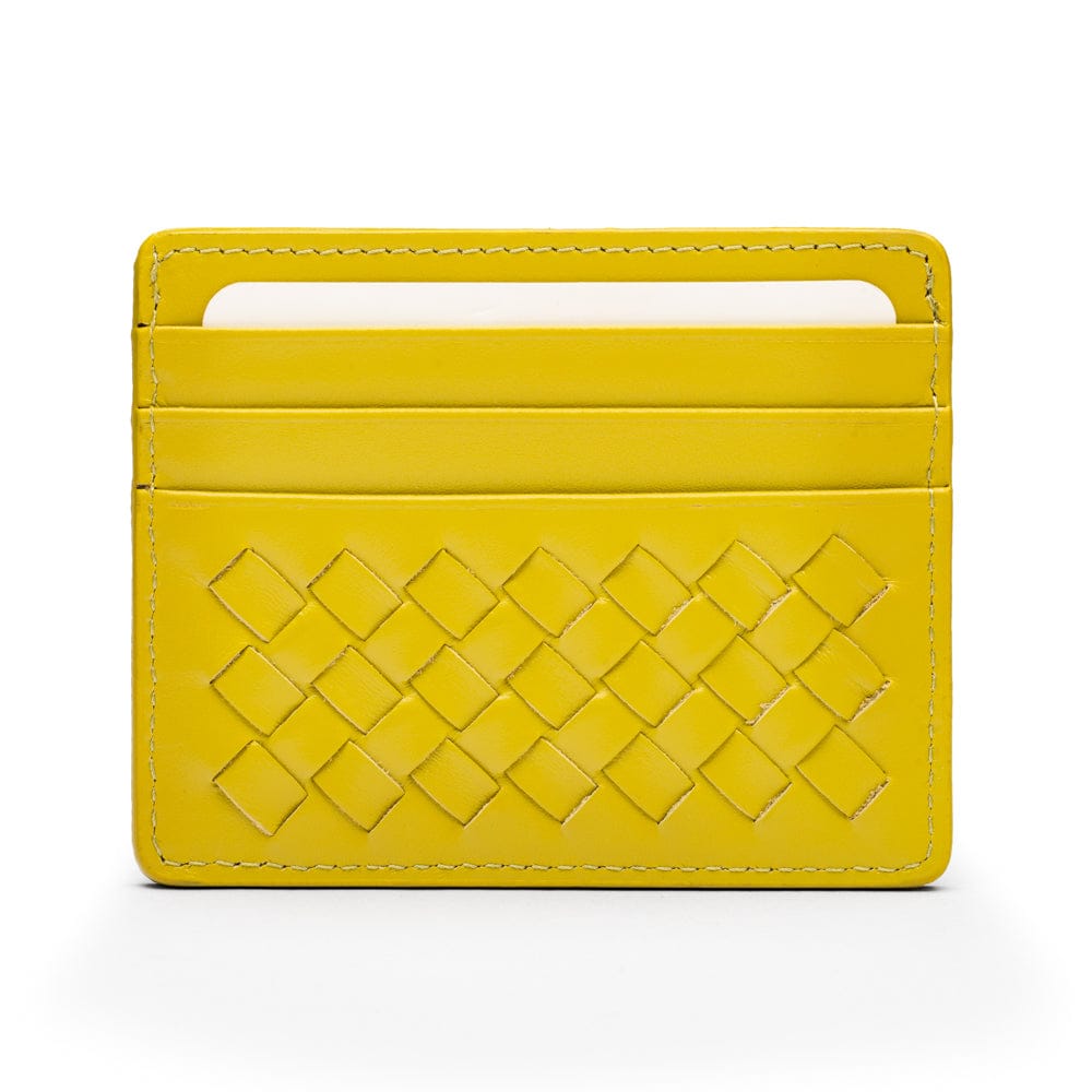 Flat woven leather card holder, lime green, front