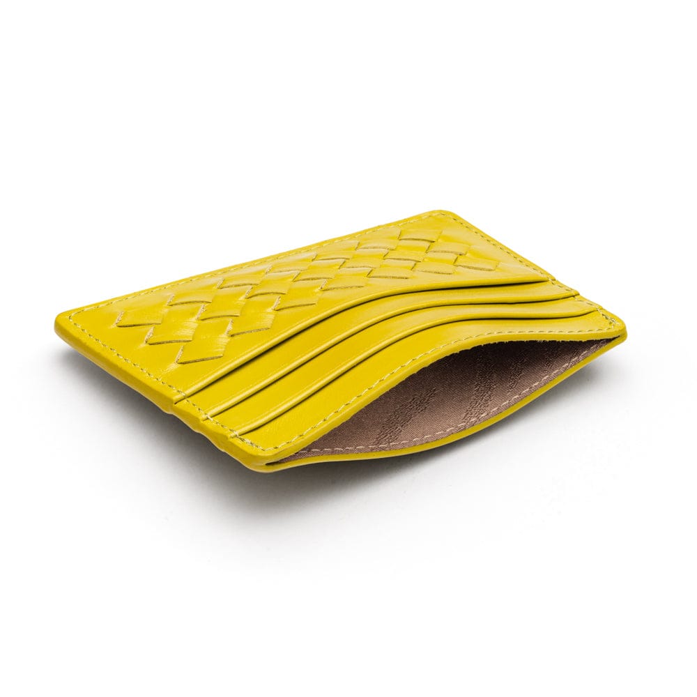 Flat woven leather card holder, lime green, inside