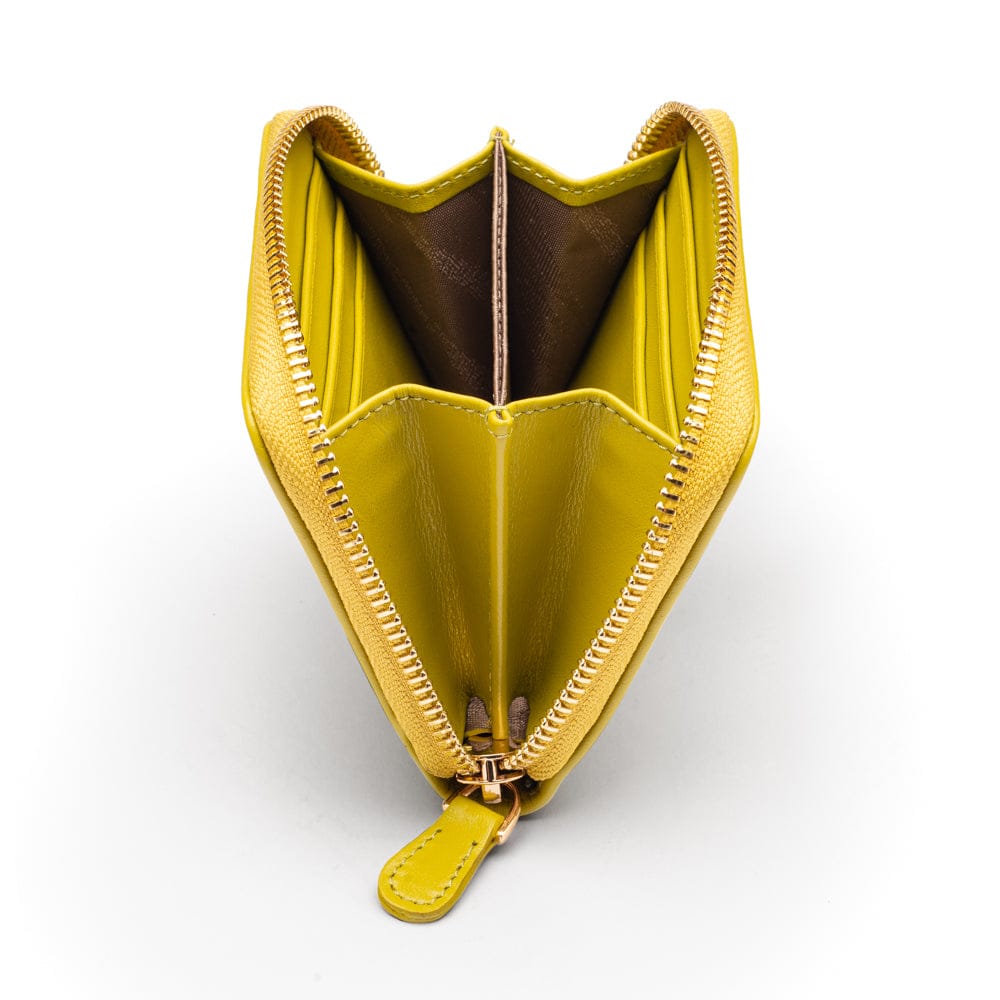 Small zip around woven leather accordion purse, lime green, side