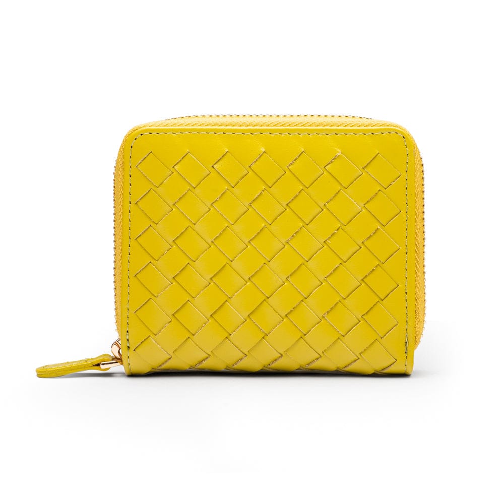 Small zip around woven leather accordion purse, lime green, back