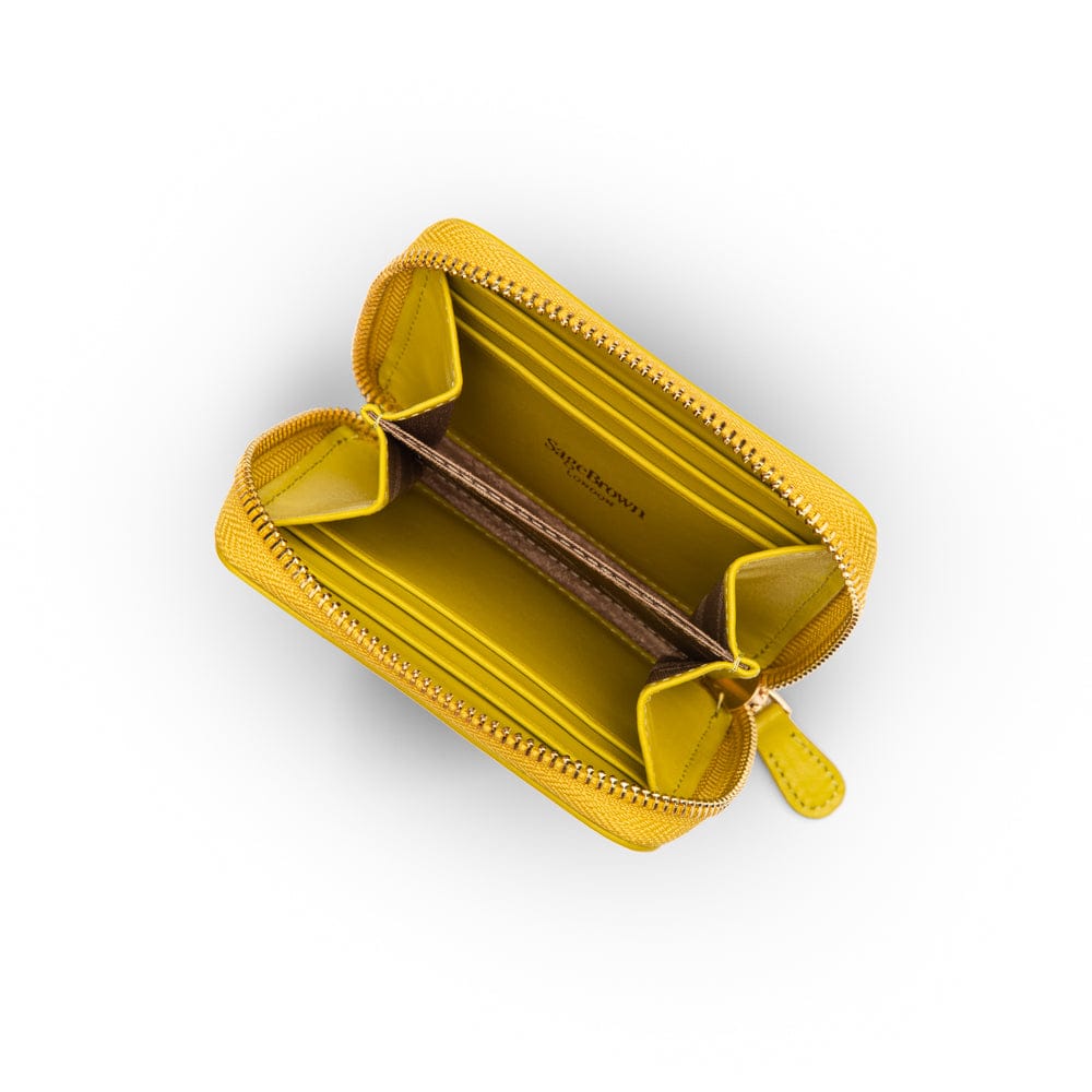 Small zip around woven leather accordion purse, lime green, open