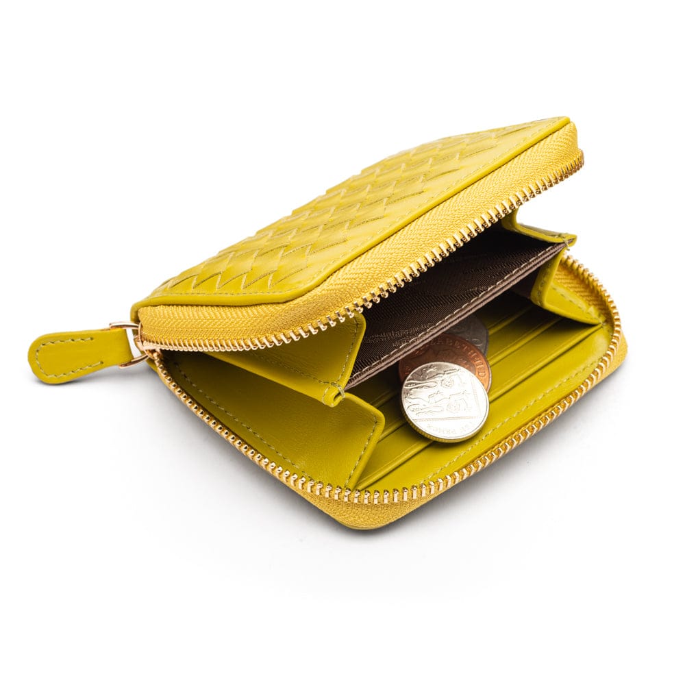 Small zip around woven leather accordion purse, lime green, inside