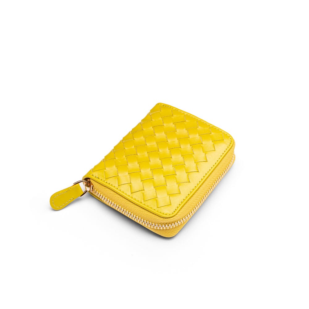 Small zip around woven leather accordion purse, lime green, front