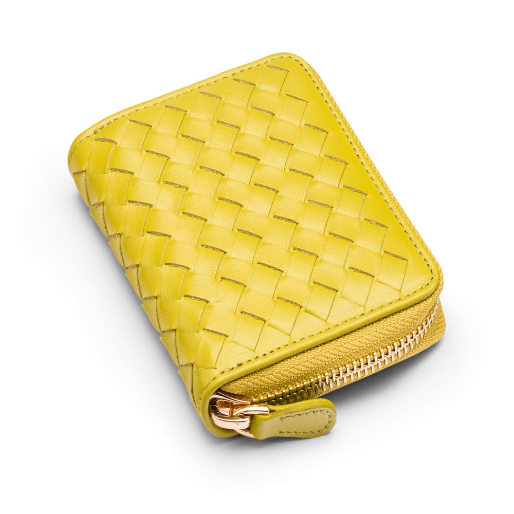 Small zip around woven leather accordion purse, lime green