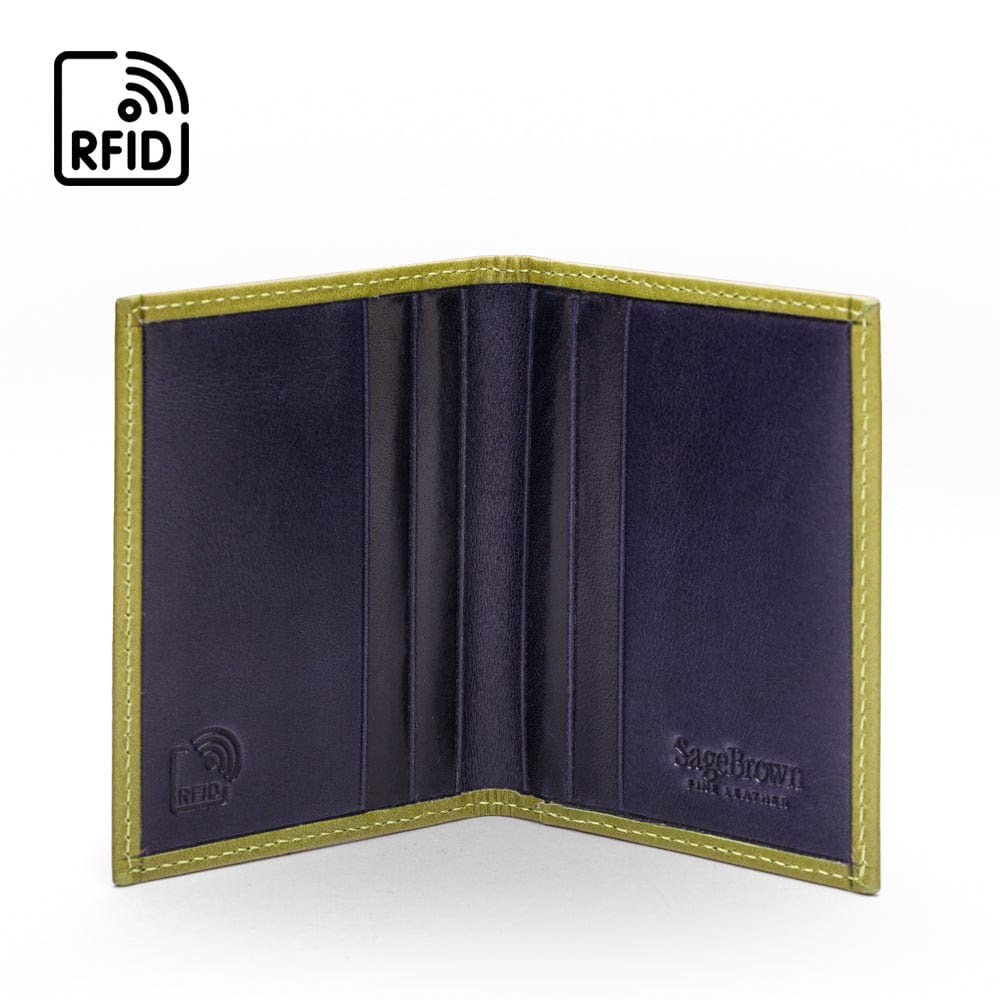 Slim Leather Credit Card Wallet With RFID Protection - Lime Green With Navy