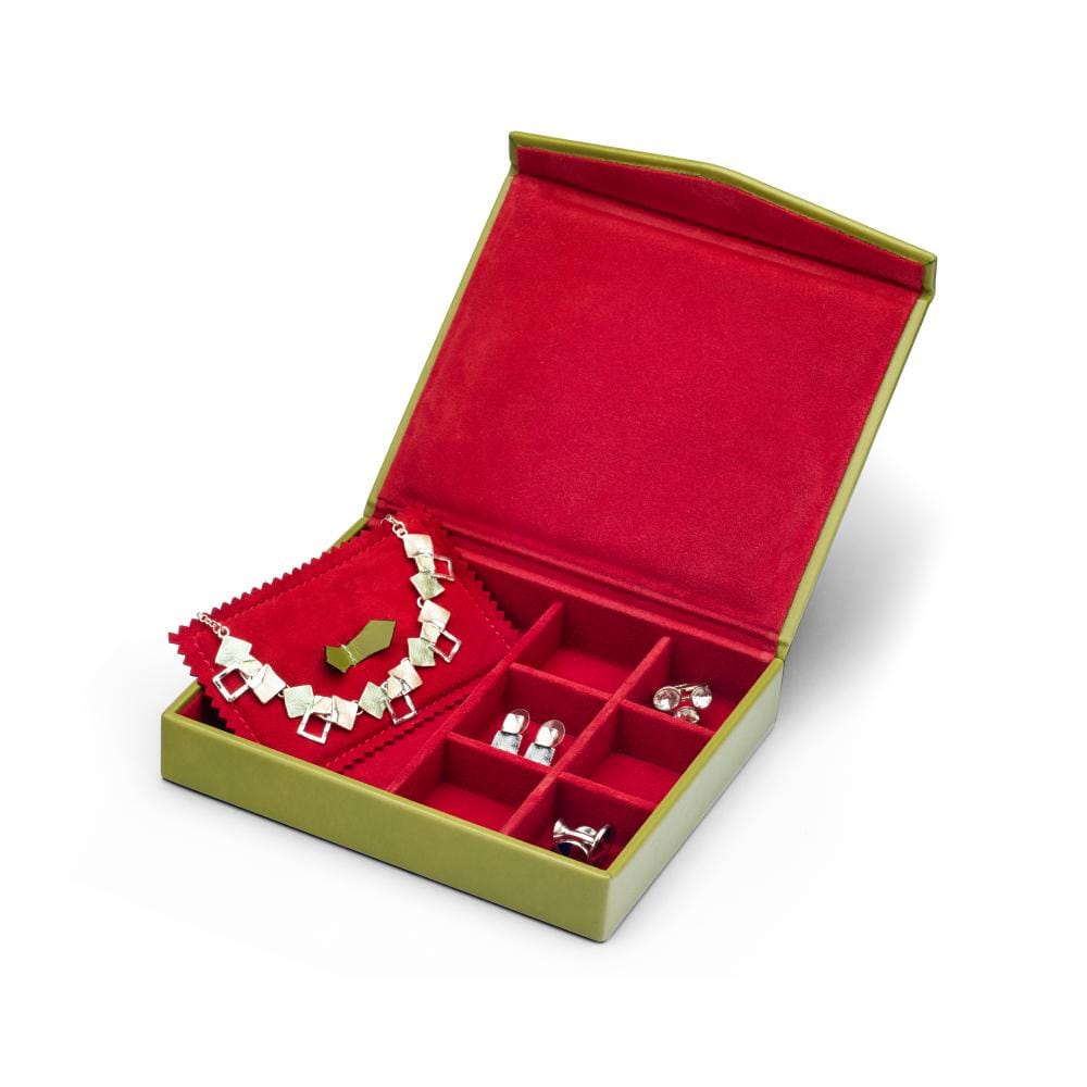 Large Leather Accessory And Cufflink Box, lime green with red, inside