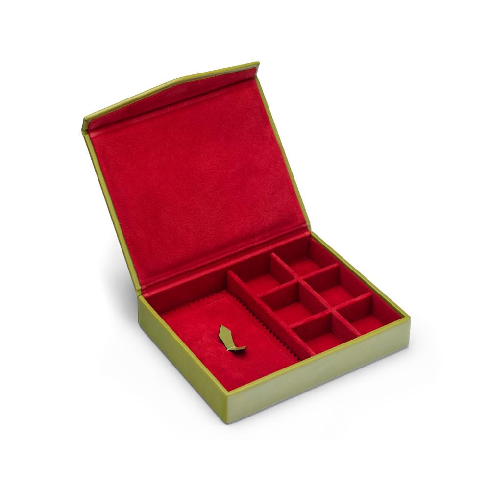 Large Leather Accessory And Cufflink Box, lime green with red, inside
