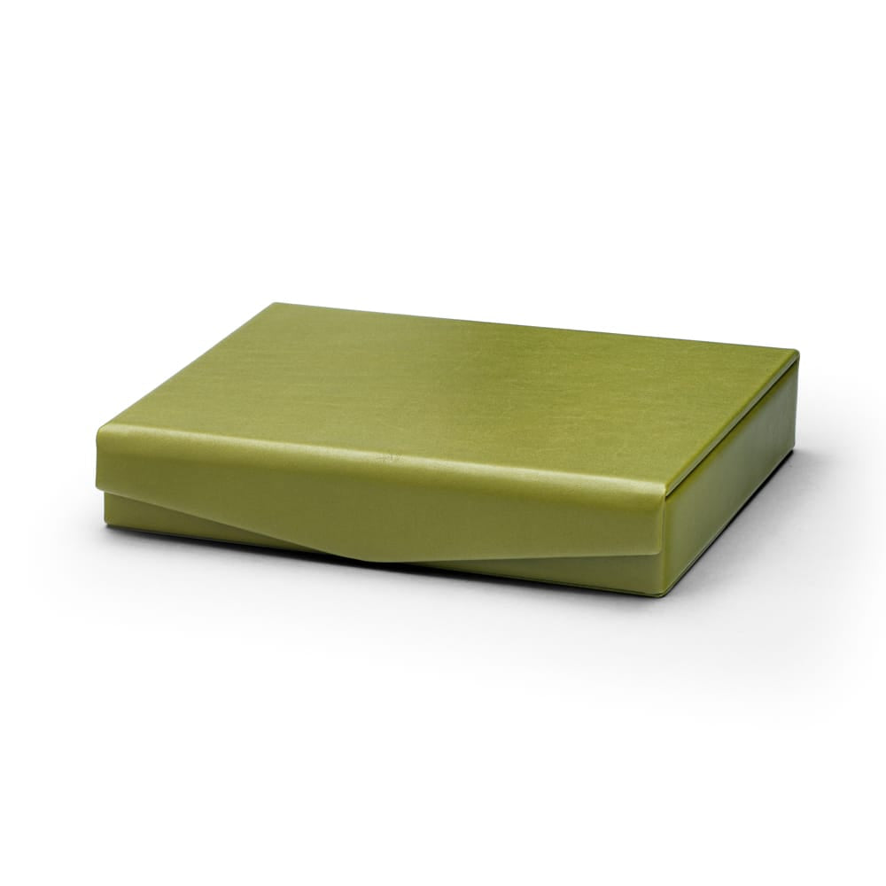 Large Leather Cufflink And Jewellery Box, Lime Green With Red, front