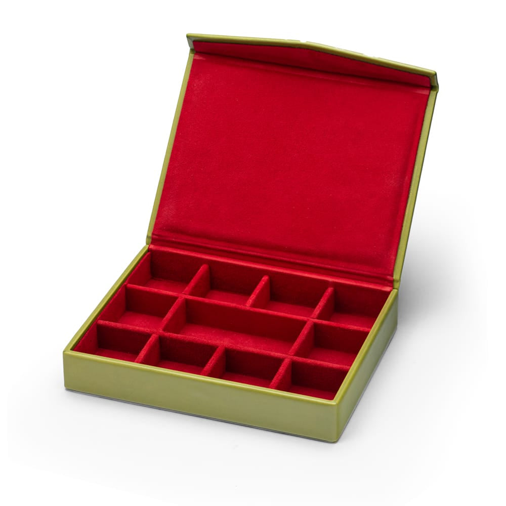 Large Leather Cufflink And Jewellery Box, Lime Green With Red, inside