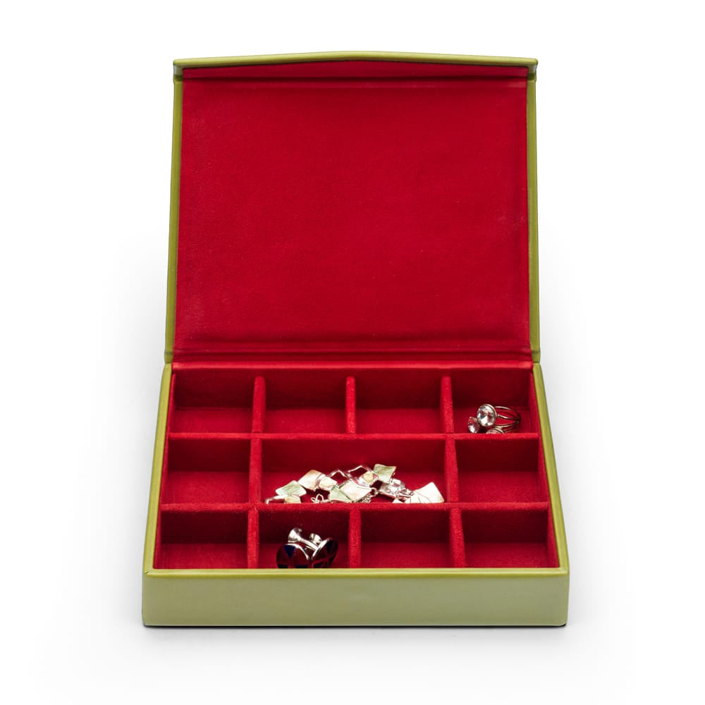 Large Leather Cufflink And Jewellery Box, Lime Green With Red, open