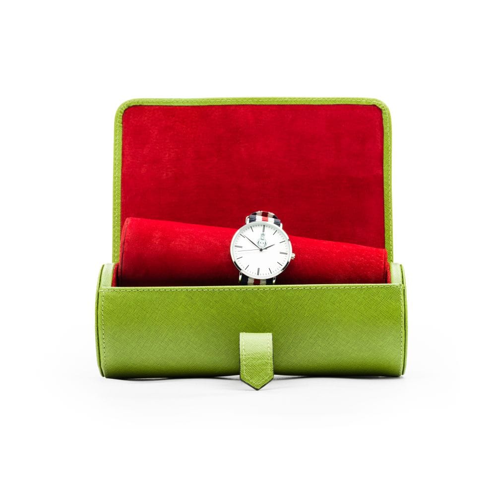 Large leather watch roll, lime green, open