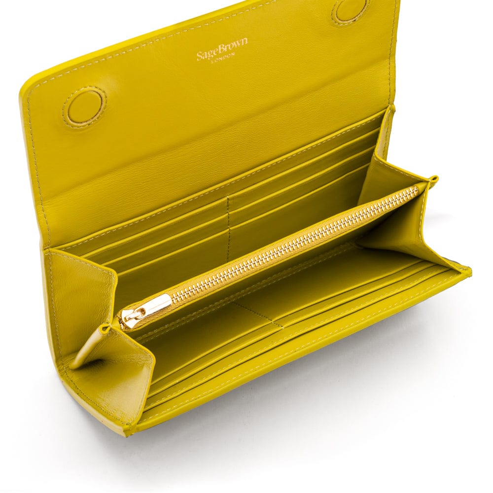 Woven leather concertina purse, lime green, inside