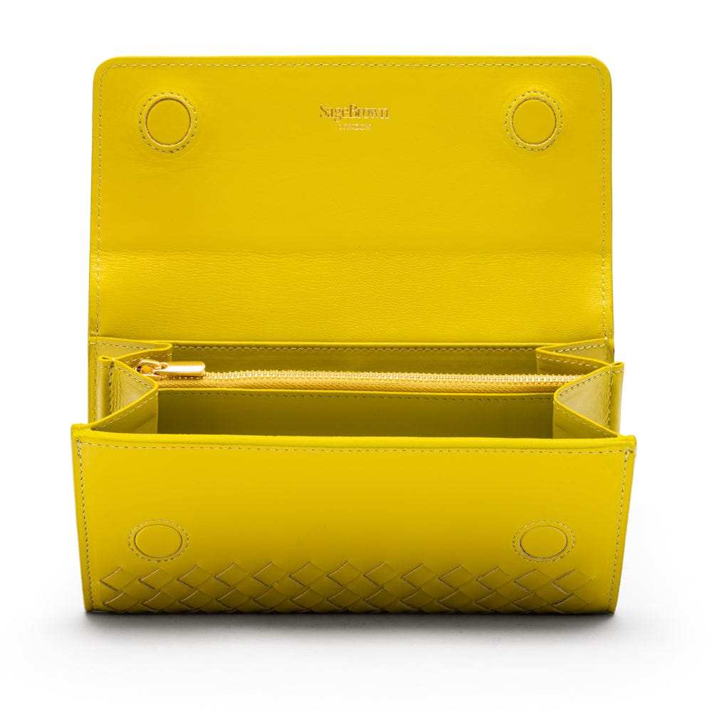 Woven leather concertina purse, lime green, open