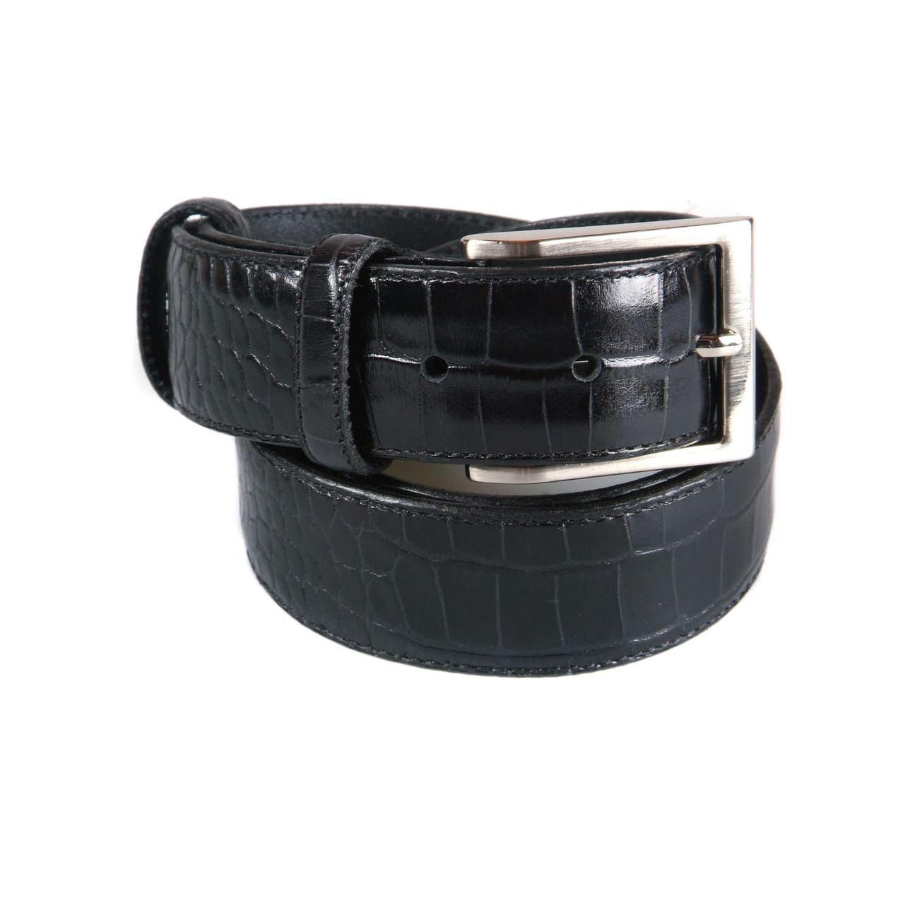 Men's 2-in-1 Interchangeable Leather Belt, Black Croc Effect with silver buckle