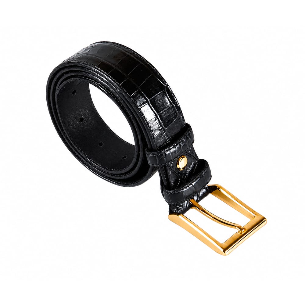 Men's 2-in-1 Interchangeable Leather Belt, Black Croc Effect with gold buckle