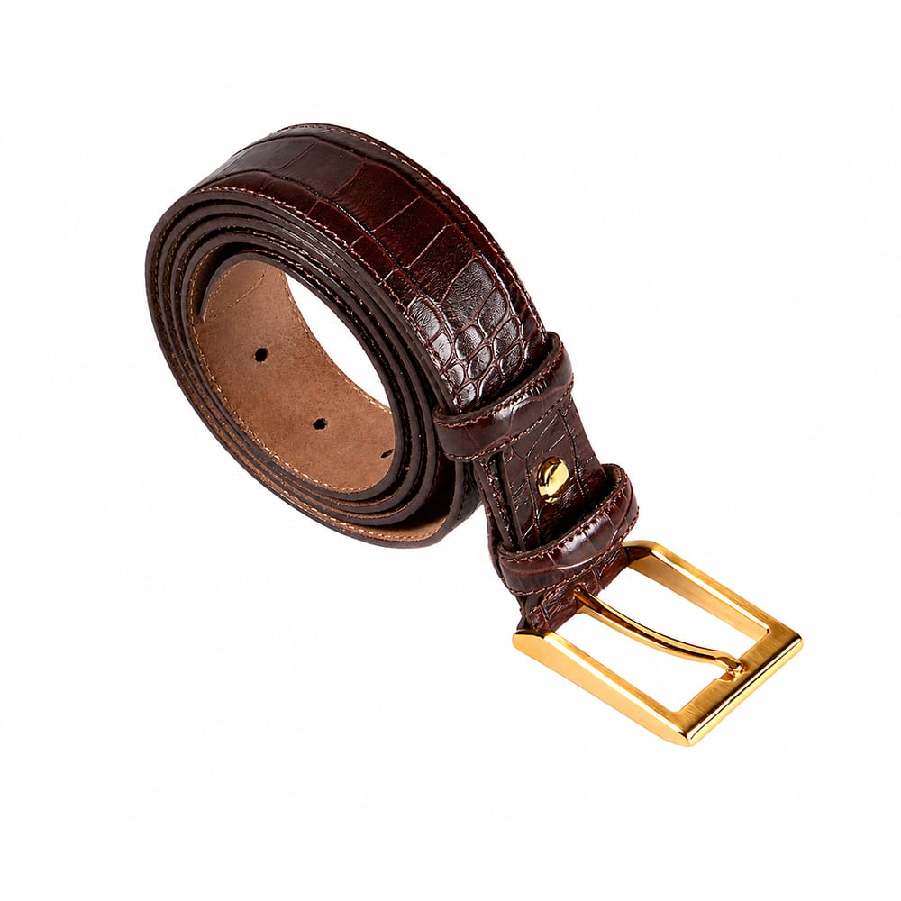 Men's 2-in-1 Interchangeable Leather Belt, Brown Croc Effect, gold buckle