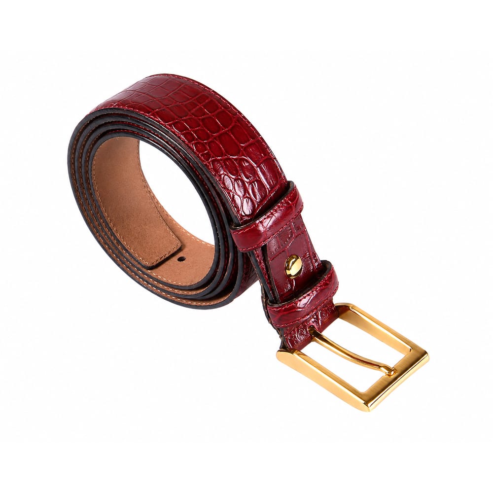 Men's 2-in-1 Interchangeable Leather Belt, Burgundy Croc Effect, gold buckle