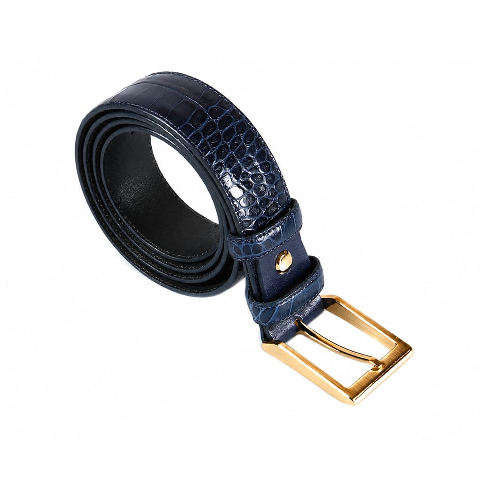 Men's 2-in-1 Interchangeable Leather Belt, Navy Croc Effect, gold buckle