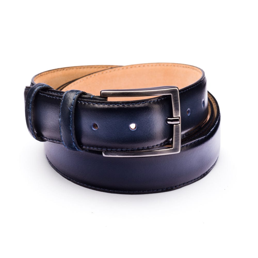 Men's burnished leather belt, navy, front