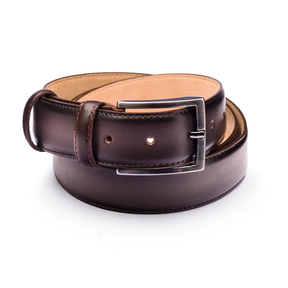 Men's burnished leather belt, brown, front