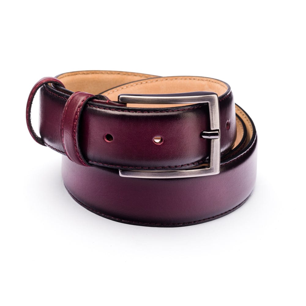 Men's burnished leather belt, burgundy, front
