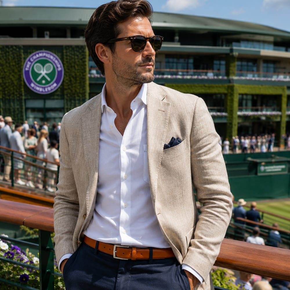 Men's burnished leather belt, tan, lifestyle view