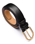 Mens extra long leather belt, black, gold buckle