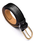 Mens extra long leather belt, black croc, gold buckle