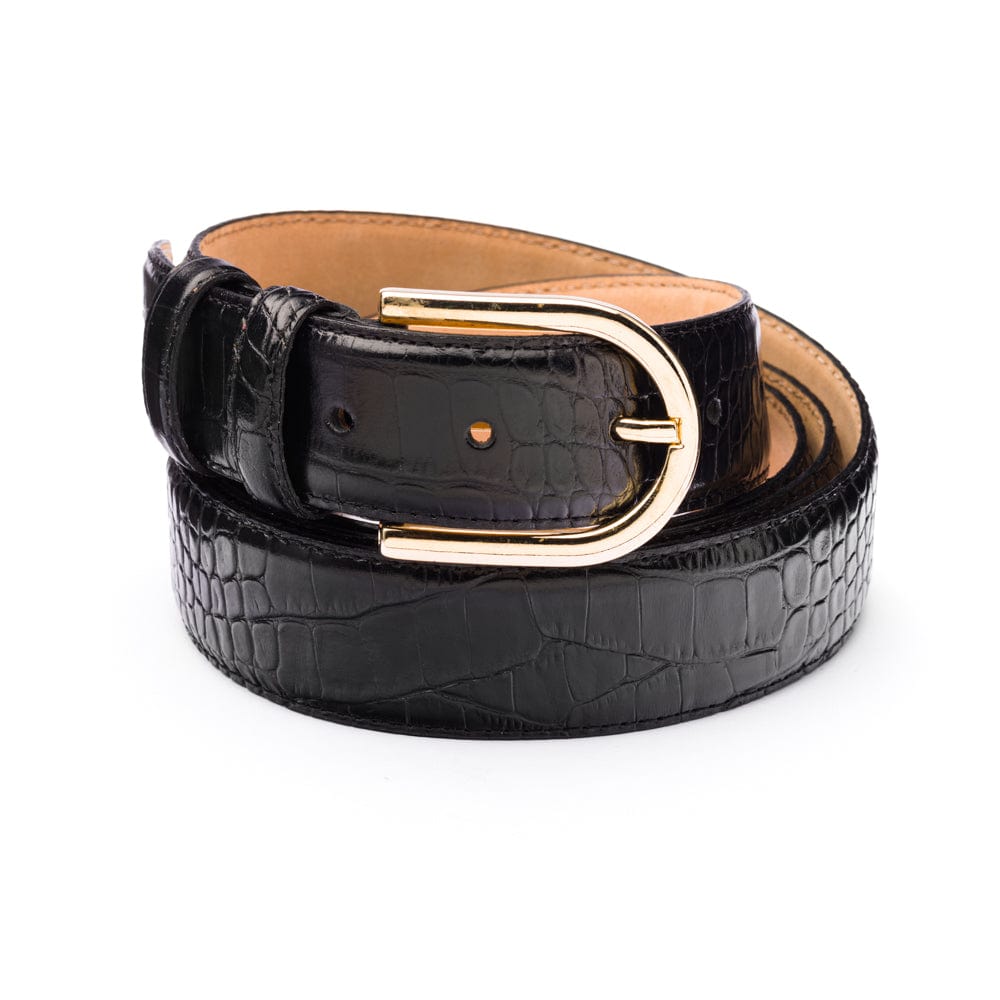 Mens extra long leather belt, black croc, gold rounded buckle