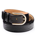 Mens extra long leather belt, black croc, gold rounded buckle