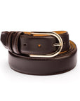 Mens extra long leather belt, brown, gold rounded buckle