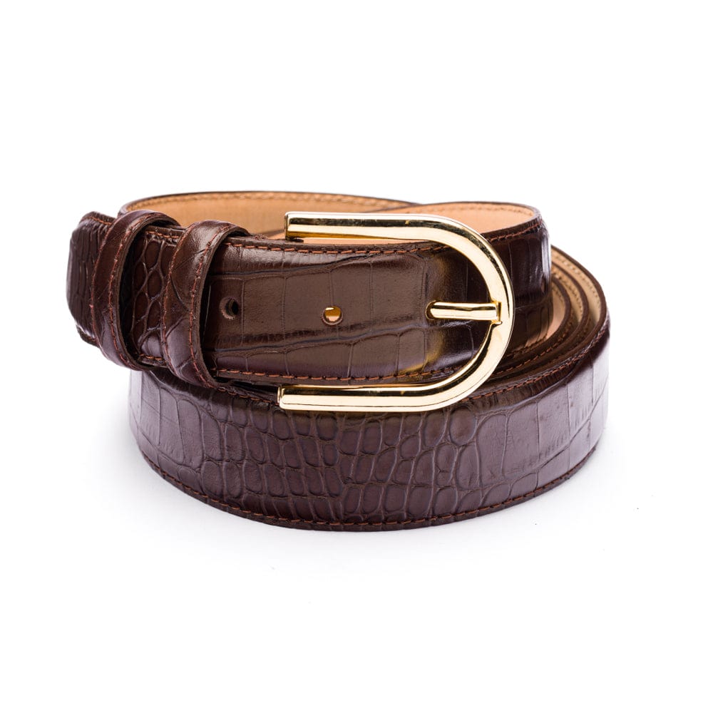 Mens extra long leather belt, brown croc, gold rounded buckle