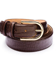 Mens extra long leather belt, brown croc, gold rounded buckle