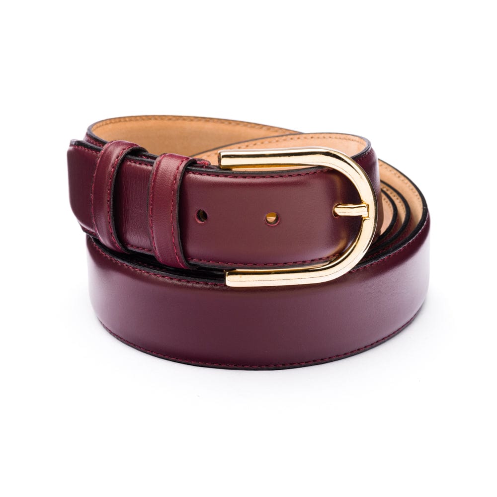 Mens extra long leather belt, burgundy, gold rounded buckle