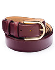 Mens extra long leather belt, burgundy, gold rounded buckle